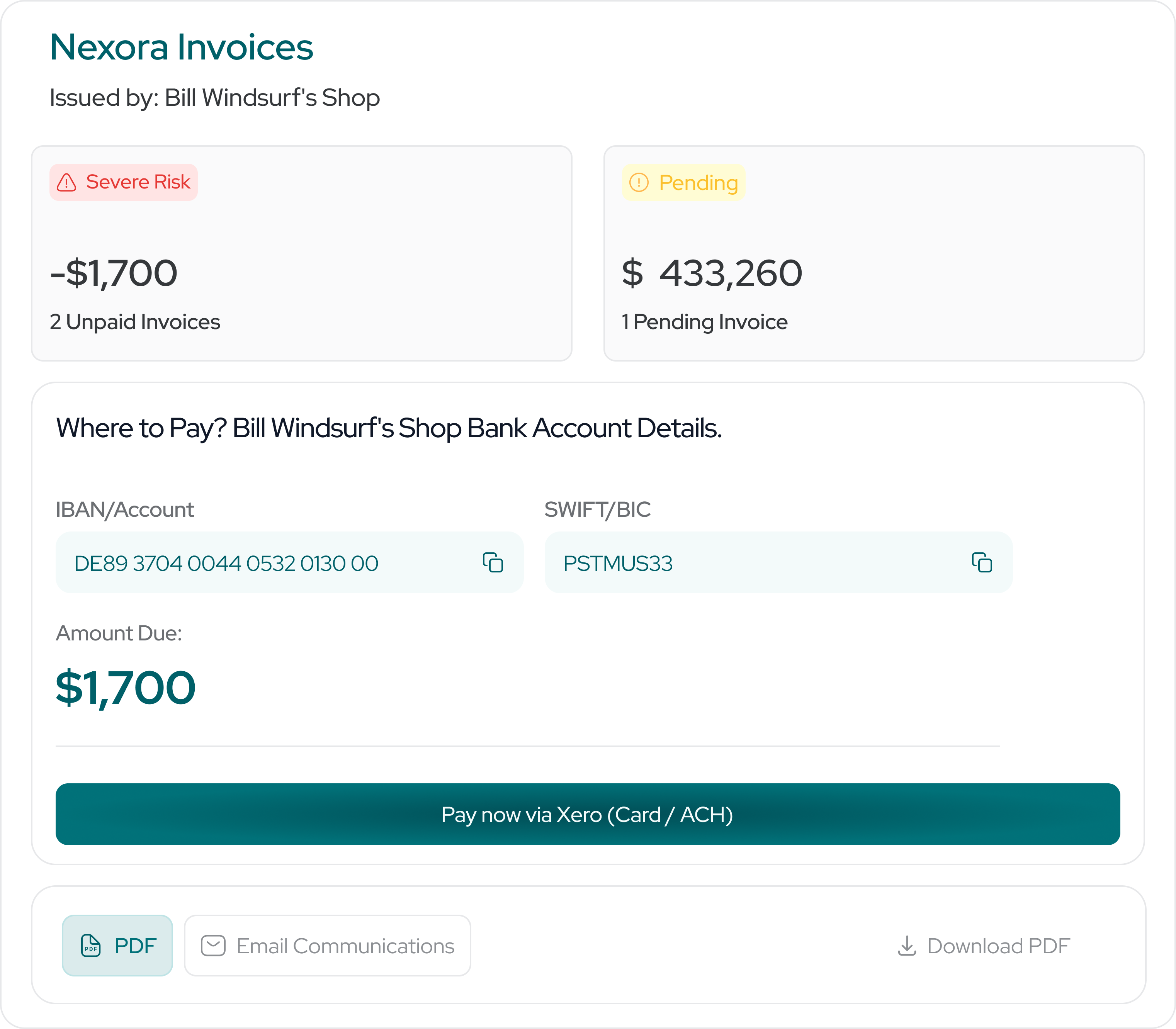 Paystorm client portal where customers can review invoices, overdue items, and payment details
